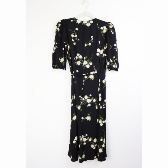 NWT Reformation Christa Puff Sleeve Black Floral Midi Wrap Dress XS - Picture 8 of 9